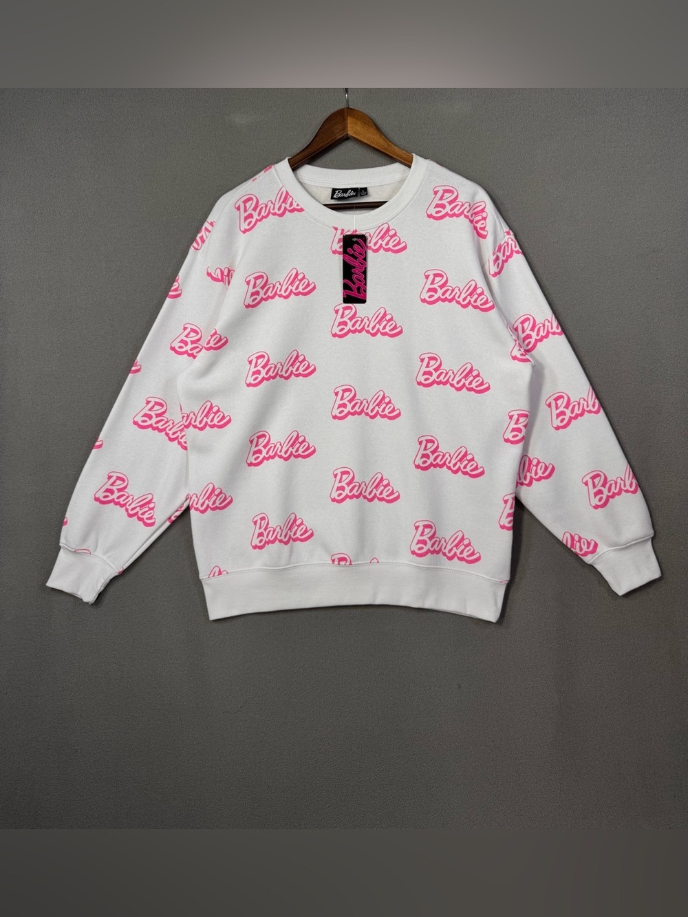 Barbie Mattel, Pink and White Barbie Logo Crewneck Sweatshirt, Large NWT